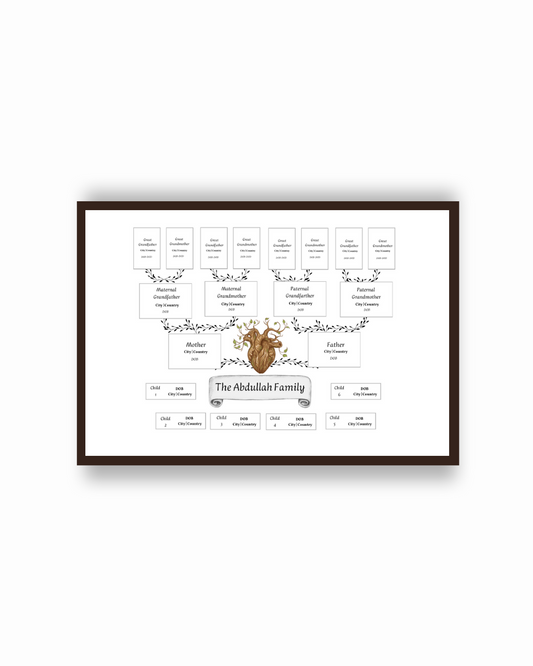 A beautifully designed wooden heart family tree template made to edit for documenting your family tree.