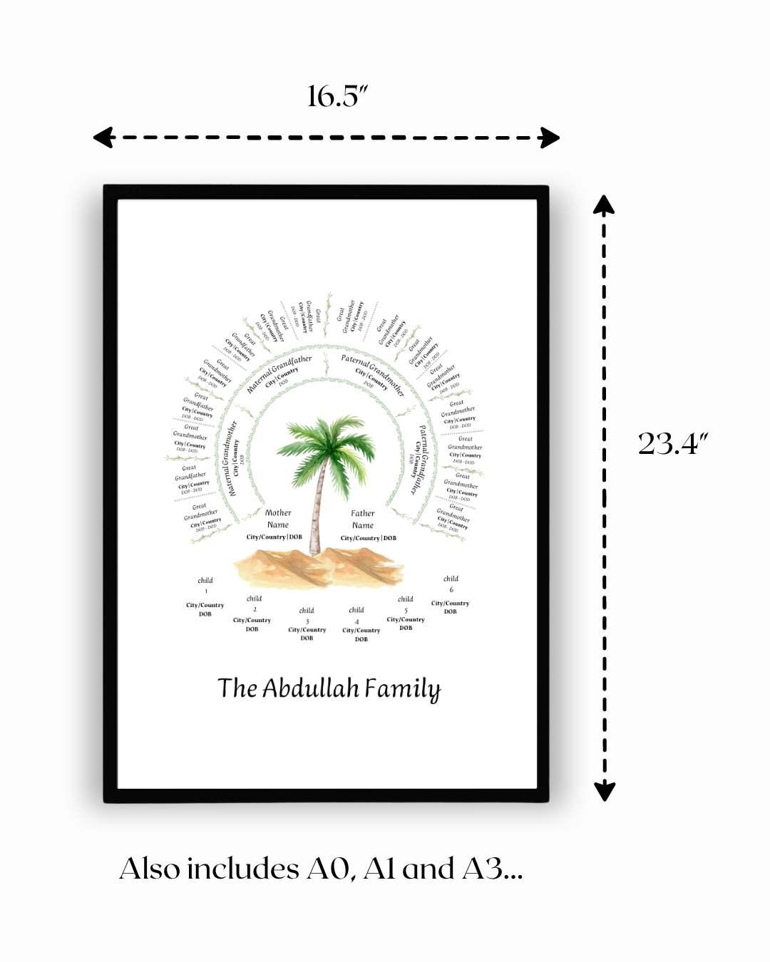 Size of a beautifully designed family tree template made to edit for documenting your family tree.