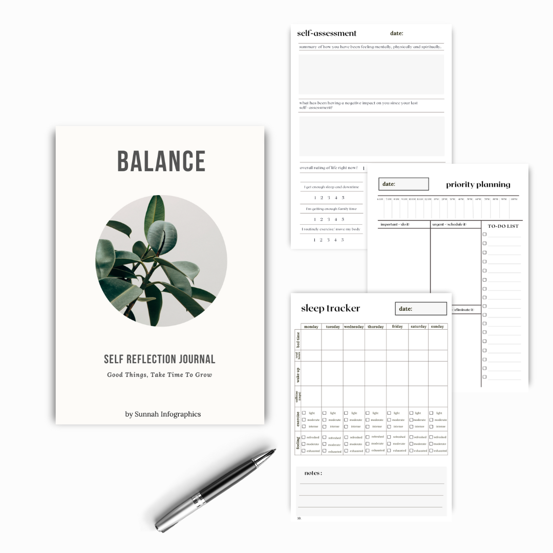 This Balance Journal is designed to help you take care of your body, mind, and spirit so that you can have a well balanced life.