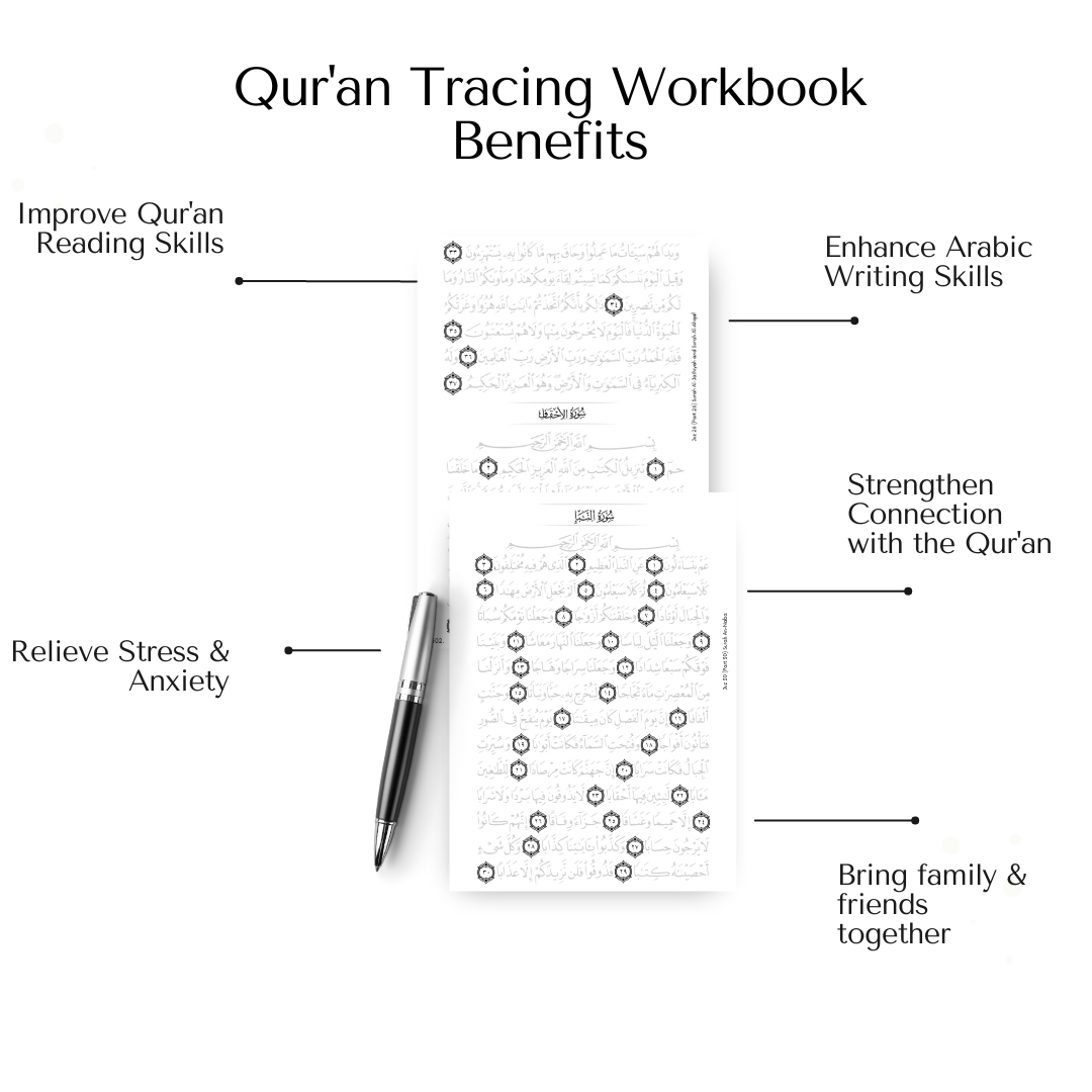 Quran tracing workbook is aesthetically designed to make tracing and reading the Qur’an easy.