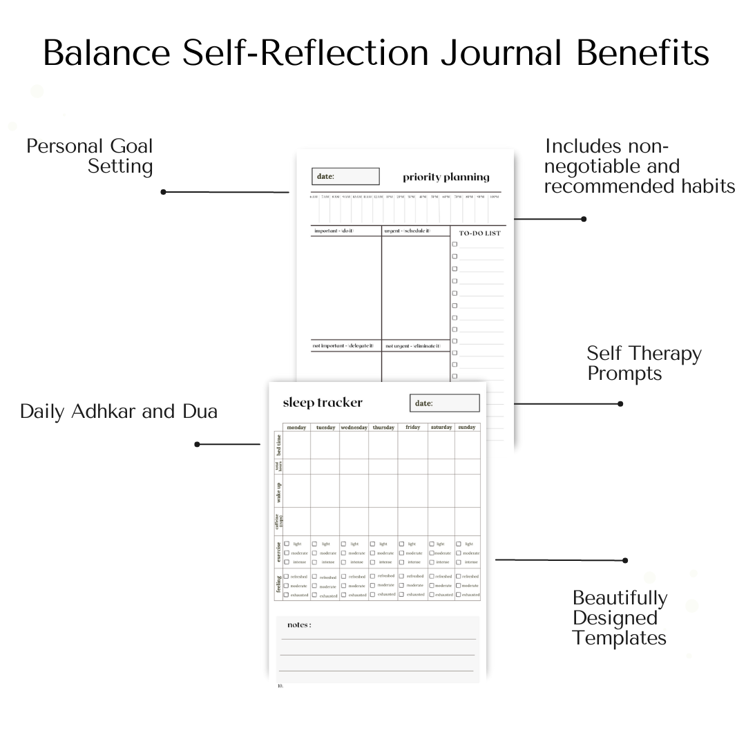 This Balance Journal is designed to help you take care of your body, mind, and spirit so that you can have a well balanced life.