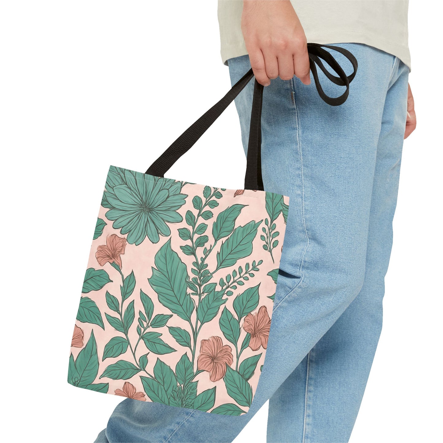 Pastel Islamic Geometric Tote Bag – Hand-Drawn Botanical Floral Design with Soft Pink, Blue & Mint Accents, Modern Minimal Style Trendy Accessory for Young Muslims