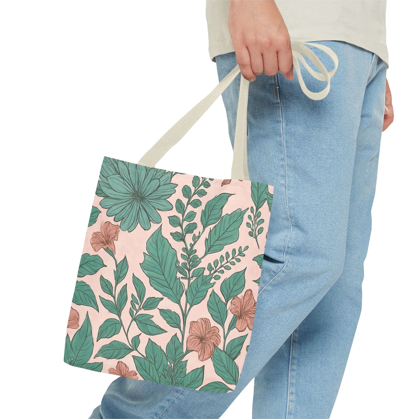 Pastel Islamic Geometric Tote Bag – Hand-Drawn Botanical Floral Design with Soft Pink, Blue & Mint Accents, Modern Minimal Style Trendy Accessory for Young Muslims