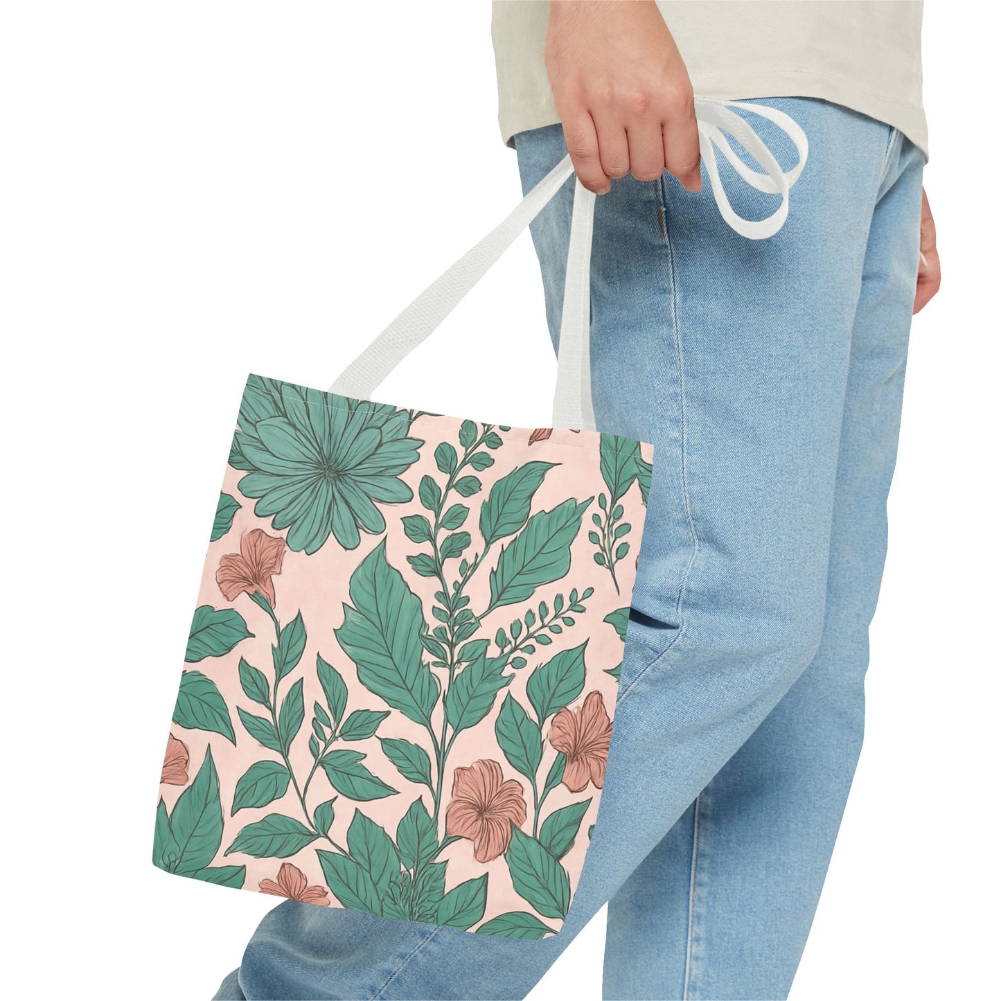 Pastel Islamic Geometric Tote Bag – Hand-Drawn Botanical Floral Design with Soft Pink, Blue & Mint Accents, Modern Minimal Style Trendy Accessory for Young Muslims