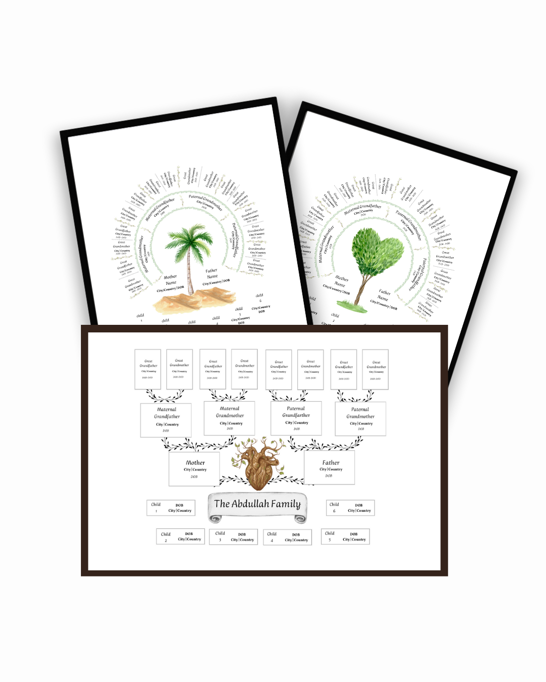 A beautifully designed wooden heart family tree template made to edit for documenting your family tree.