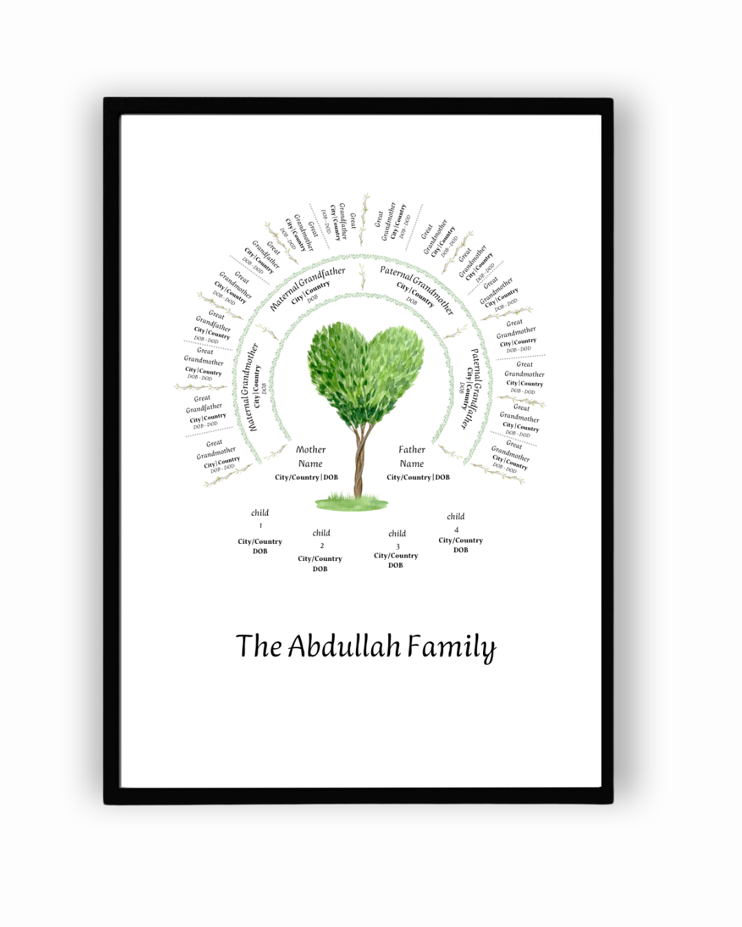 A modern, timeless, beautifully designed family tree template made to edit for documenting your family tree.