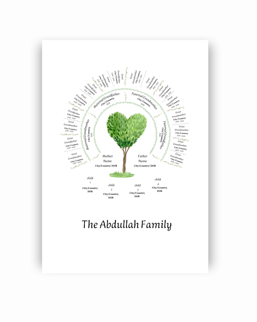 A modern, timeless, beautifully designed family tree template made to edit for documenting your family tree.