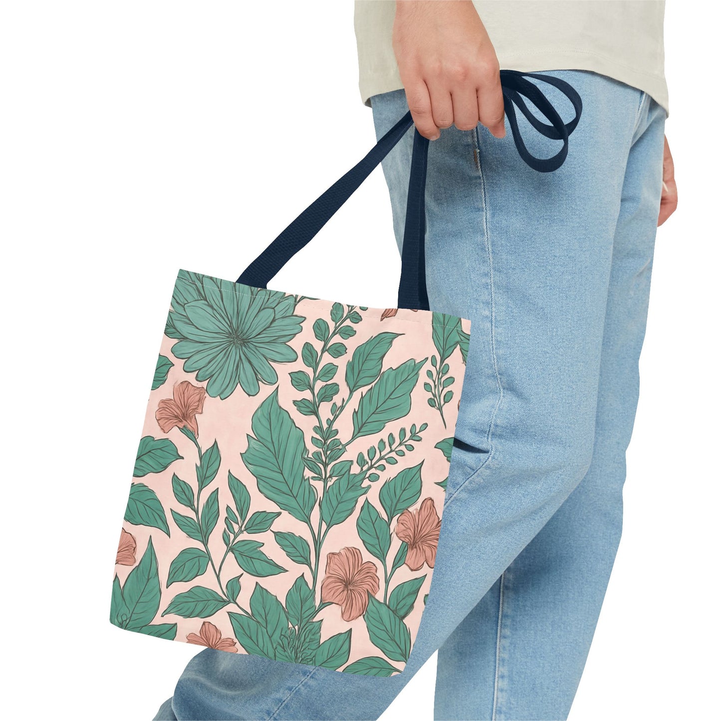 Pastel Islamic Geometric Tote Bag – Hand-Drawn Botanical Floral Design with Soft Pink, Blue & Mint Accents, Modern Minimal Style Trendy Accessory for Young Muslims