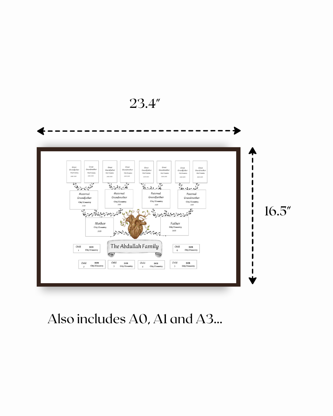 Size of a beautifully designed wooden heart family tree template made to edit for documenting your family tree.