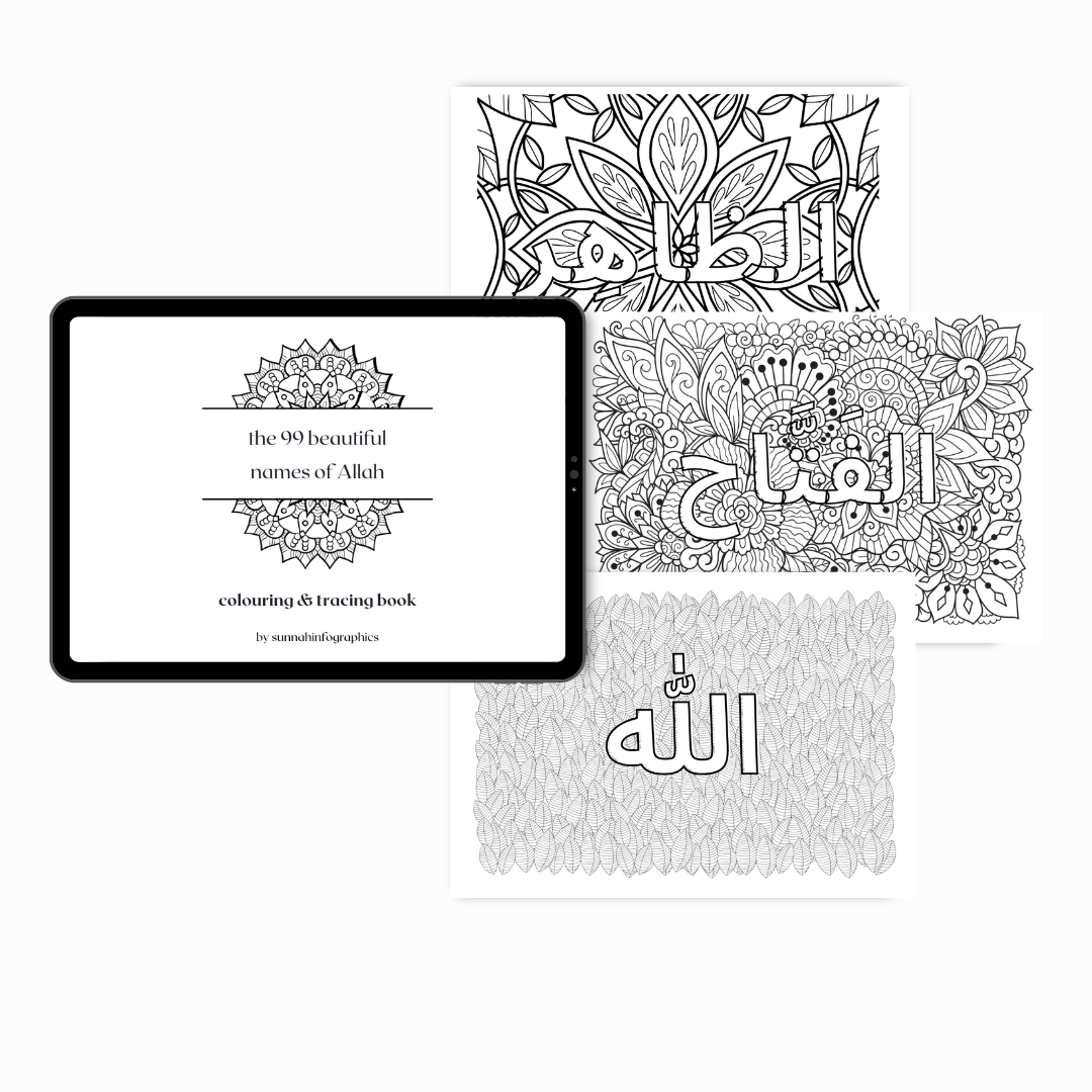 Colouring & Tracing Book which contains 99 pages each with the name of Allah, designed and decorated with beautiful floral and botanical -themed patterns.